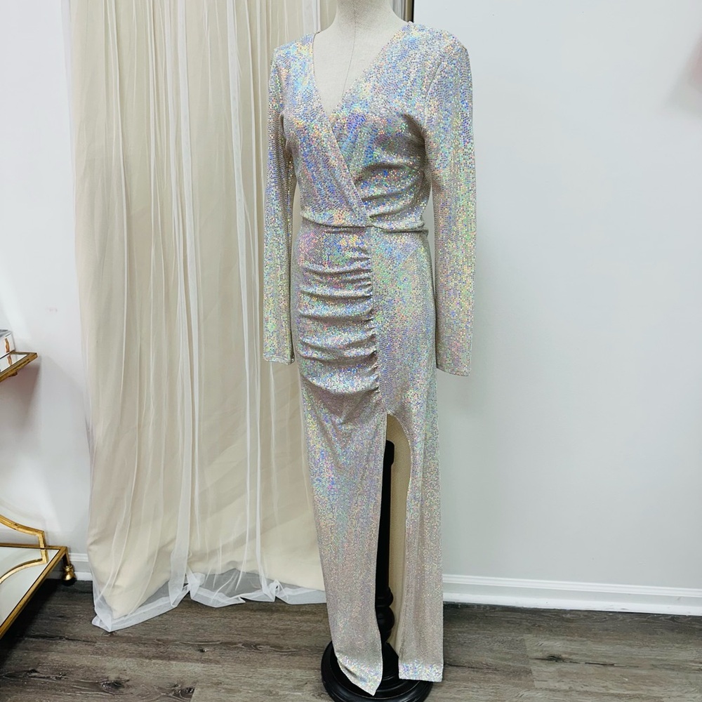Iridescent Foil Long Sleeve Evening Gown Dress Sz Large for New Years Eve